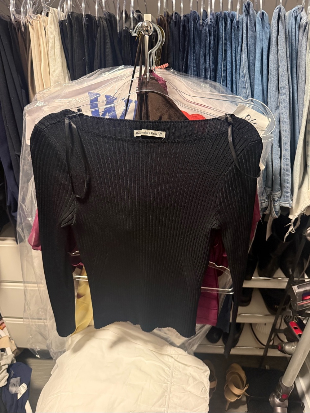 Abercrombie & Fitch Black Boat Neck Ribbed Long-Sleeve Top